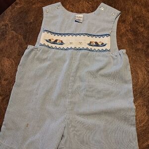 Kids Blue Checkered Overalls with Embroidery